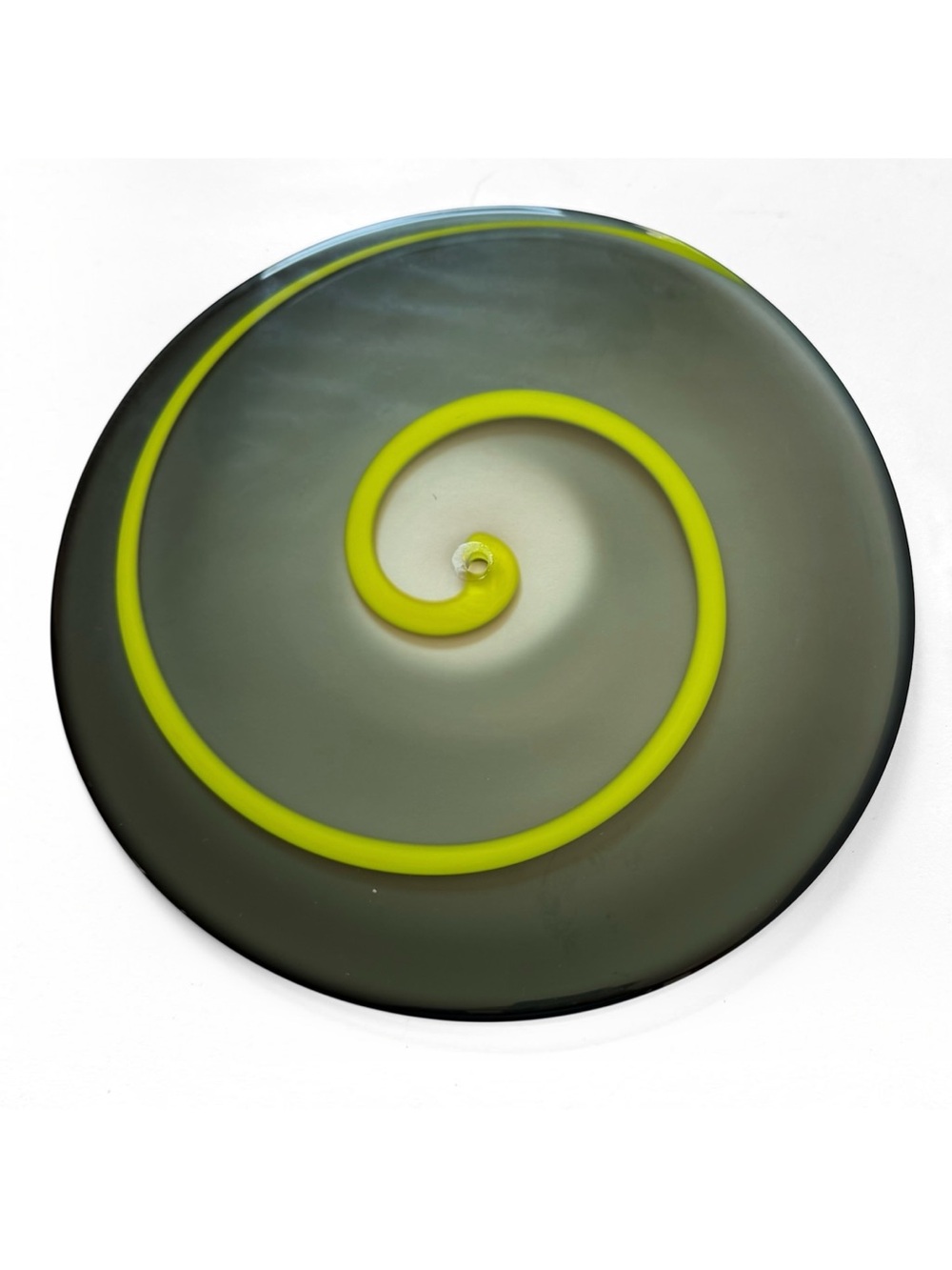 Hand Blown Art Glass Rondel Disc Suncatcher Yellow Smoky Gray Spiral 14 1/2”